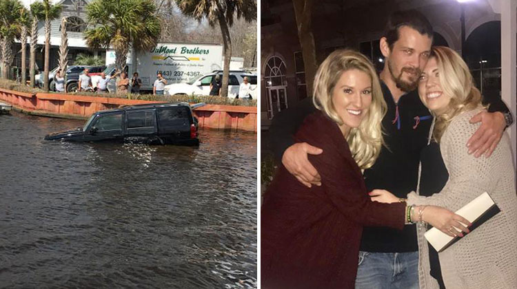 sinking suv and 2 blondes hugging man
