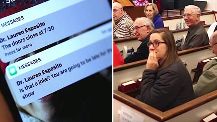 text messages and girl in pew looking shocked