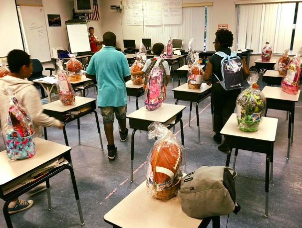 students getting easter baskets
