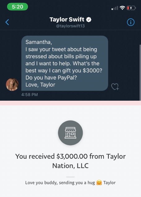 taylor swift sends fans money
