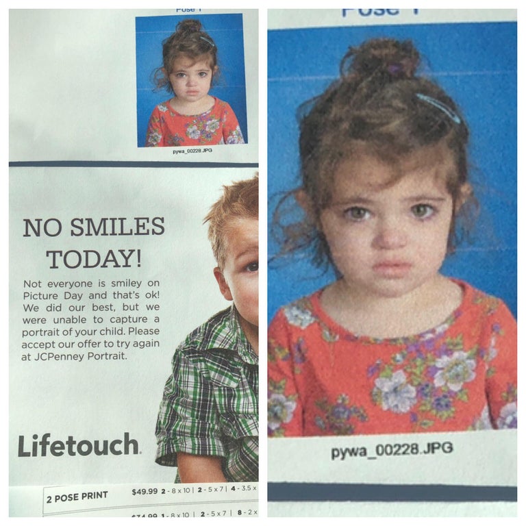 a collage photo of a young girl making a wide-eyed and very serious facial expression. It also includes a note saying 