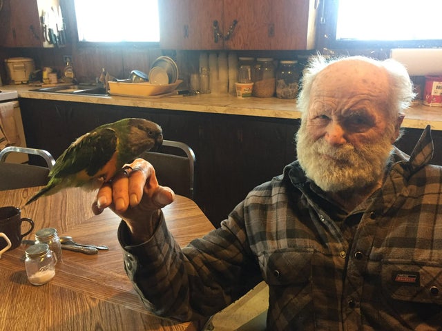 grandpa holding parrot