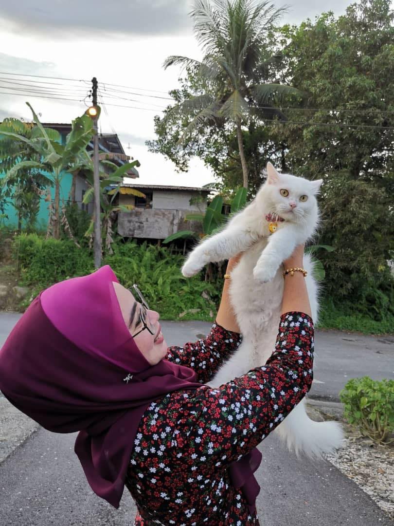 woman holding white cat in the air