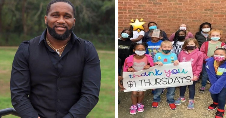 smiling man beside picture of kids holding sign that says thank you $1 thursdays