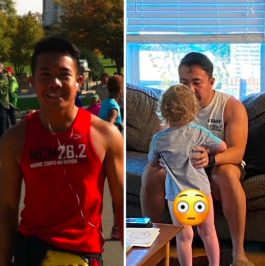 marathon runner vs same man holding toddler with no pants on