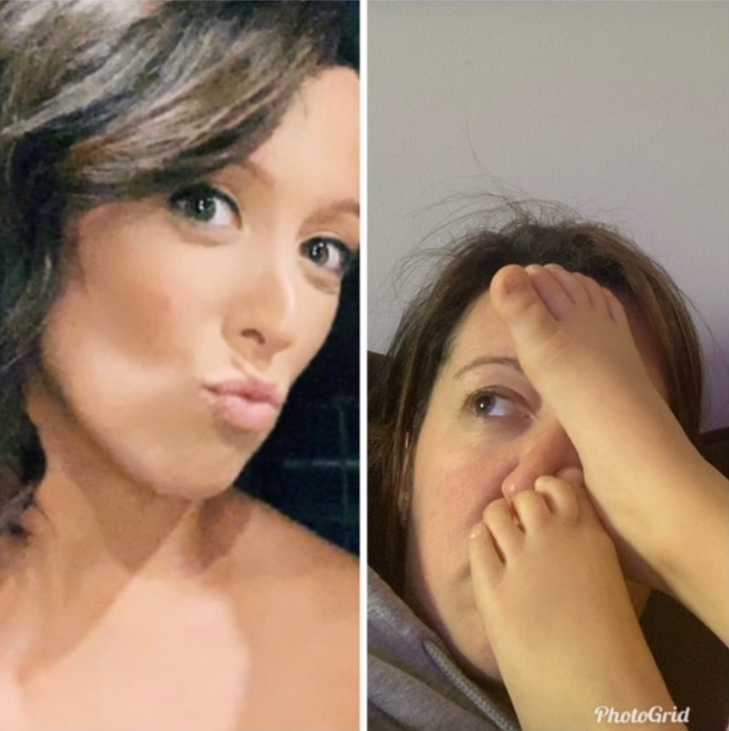 woman making the duck lips face and the same woman with toddler feet on her face