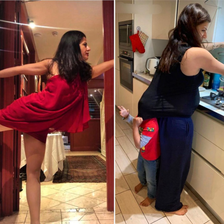 woman doing a dance pose and the same woman washing dishes with a child messing with her clothes