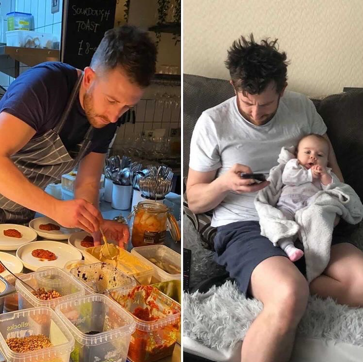 man organizing food and the same man holding a baby while looking at his phone