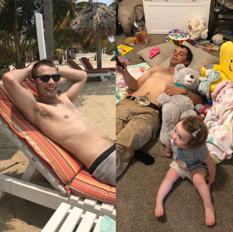 man wearing sunglasses while lounging on the beach and the same man lying on the floor with a child, surrounded by toys