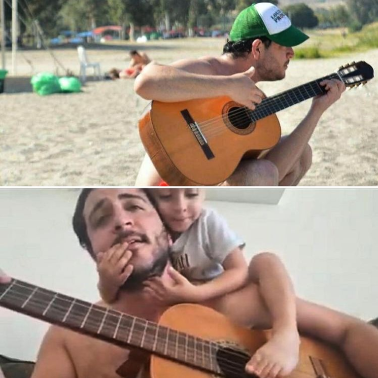 man playing guitar and man playing guitar with child climbing on him