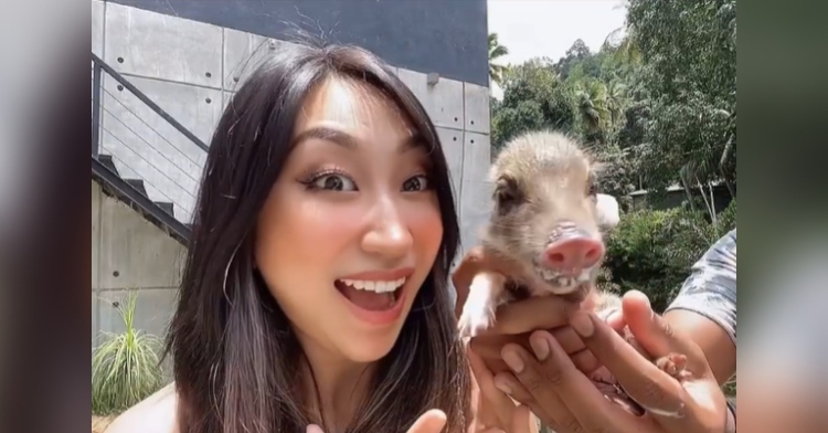 woman holding baby boar