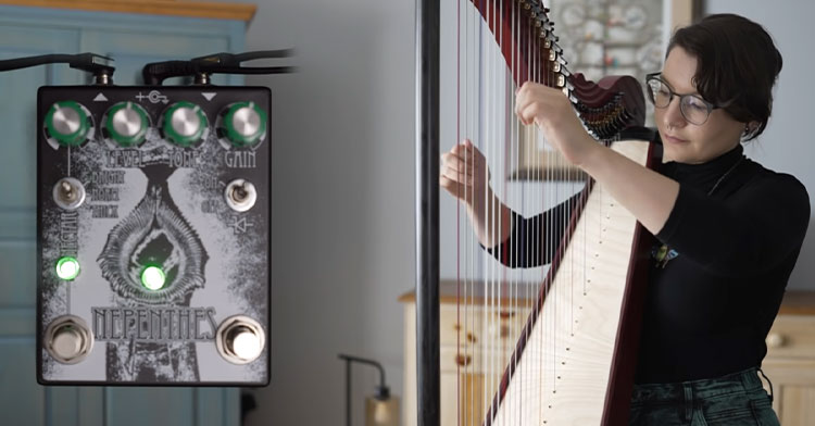 woman playing harp with distortion pedal
