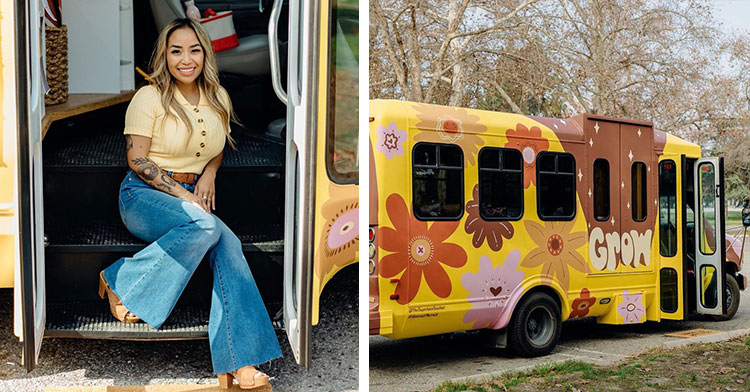 teacher sitting on steps of renovated school bus