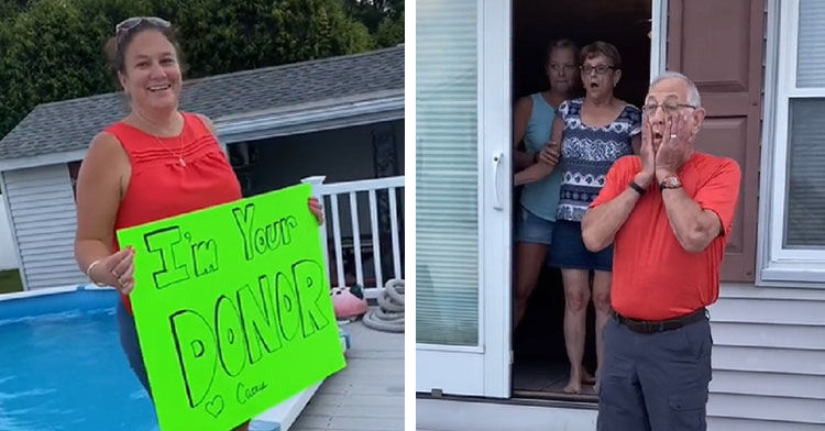 woman holding sign saying "i'm your donor" while man gasps