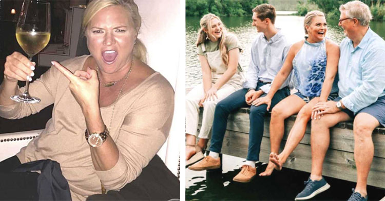 mom holding wine next to photo of same mom with her family on a dock