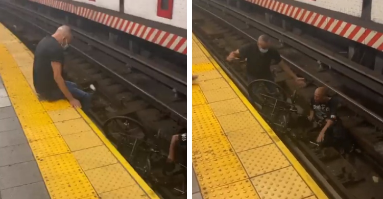 man helping stranger in wheelchair on subway tracks