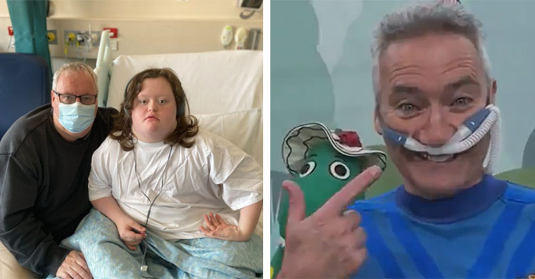 patient in hospital bed next to blue wiggle wearing nasal breathing tube
