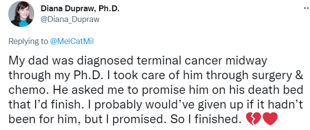 Diana_Dupraw tweet about her dad encouraging her to finish her PhD
