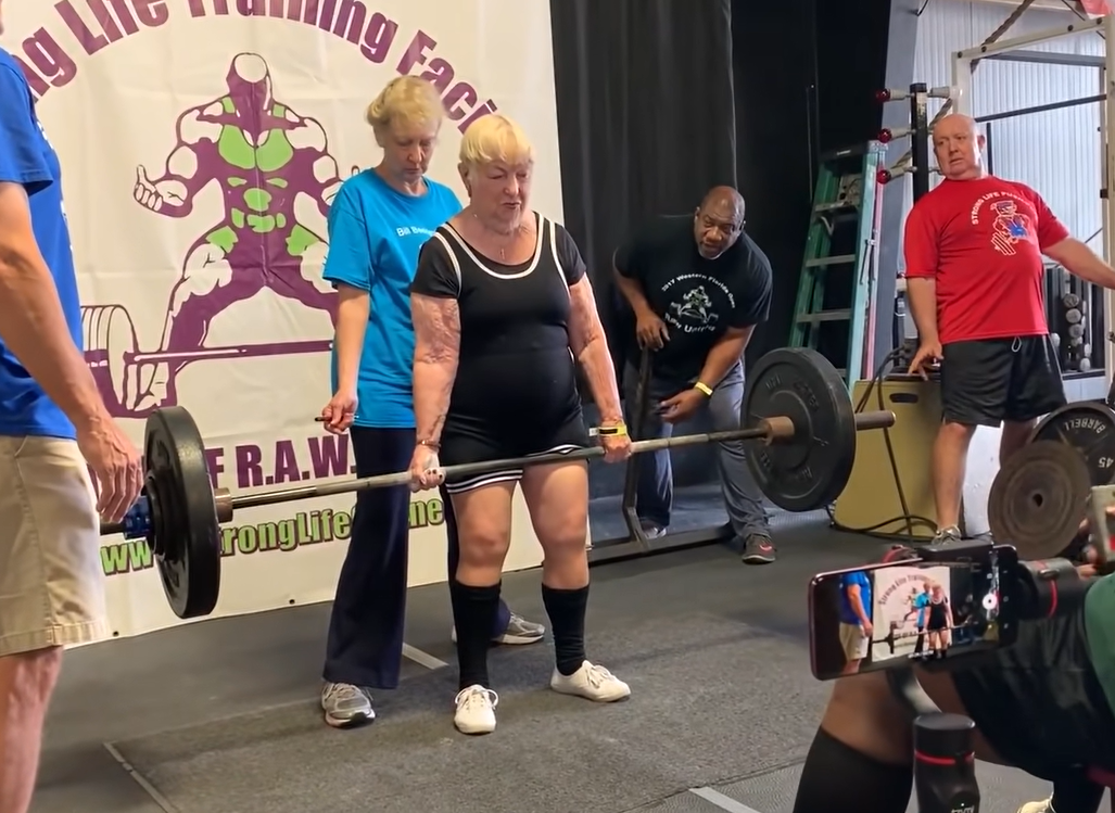 grandma lifting 150-pound weight bar