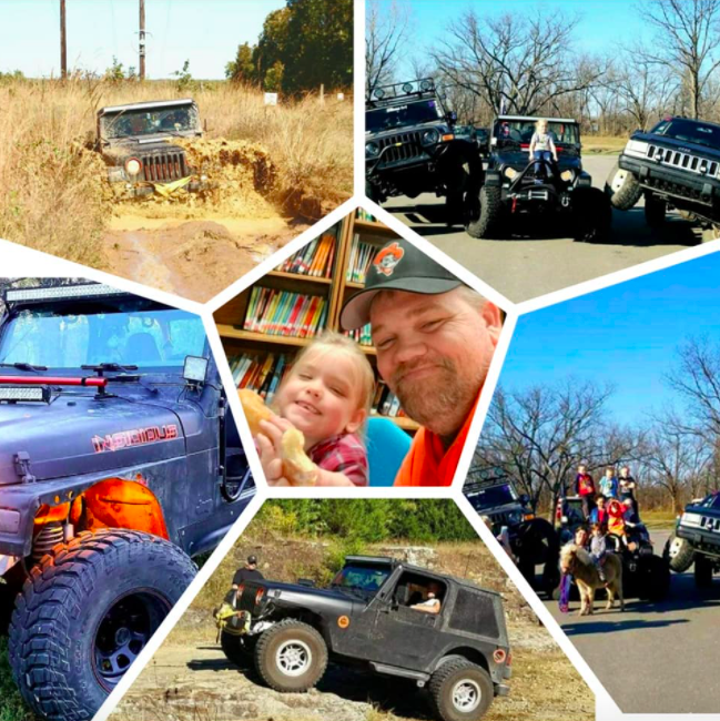 little girl with her dad surrounded by photos of jeeps