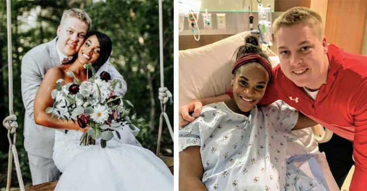 husband holding bride on swing next to woman in hospital bed with man beside her