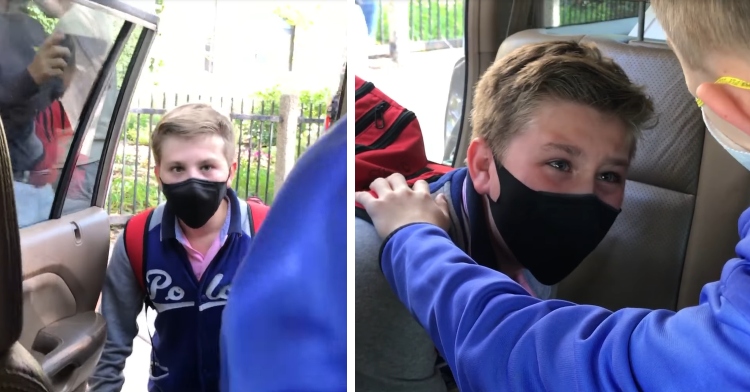 11 year old boy wearing a mask standing in front of open car door with eyes wide at the person in front of him and that same boy inside the car with tears in his eyes and another 11 year old's hand on his shoulder