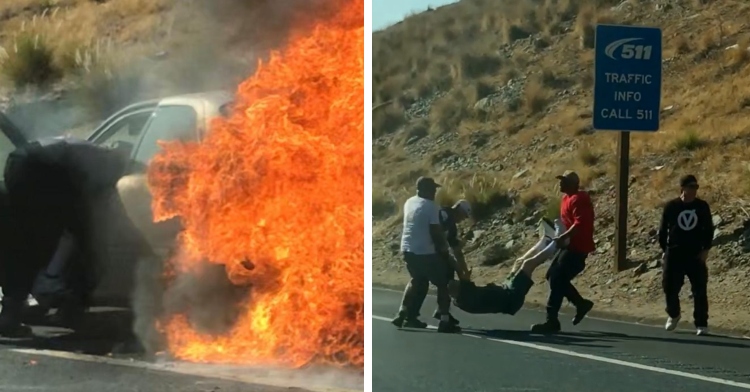 back of a car engulfed in flames with a man puling someone out of the front seat and two men caring another man down the road with a third man standing nearby
