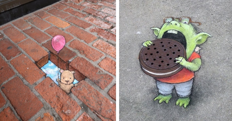 a photo of chalk art featuring a small animal holding a balloon from inside a brick next to a photo of chalk art featuring a green monster eating a manhole cover like a cookie