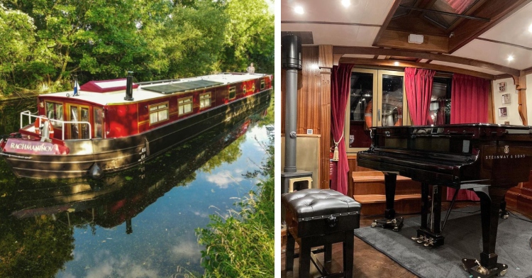 red boat with the name rachmaninovon on it going down a canal and the inside of a canal boat with a grand piano and cushioned seat