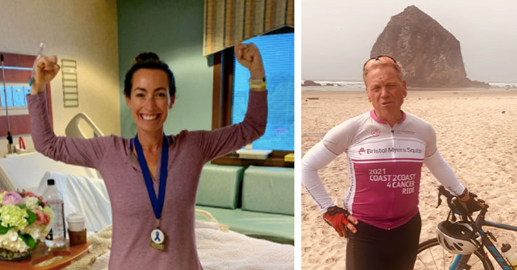 cancer survivor next to man holding bike on beach