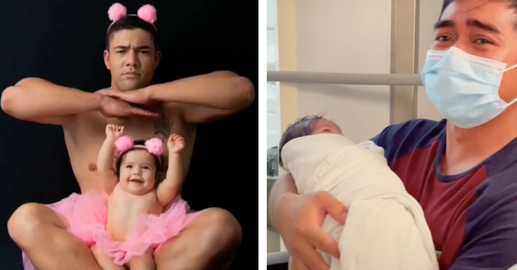 dad and daughter posing in pink tutus and a crying dad wearing a mask and holding his newborn