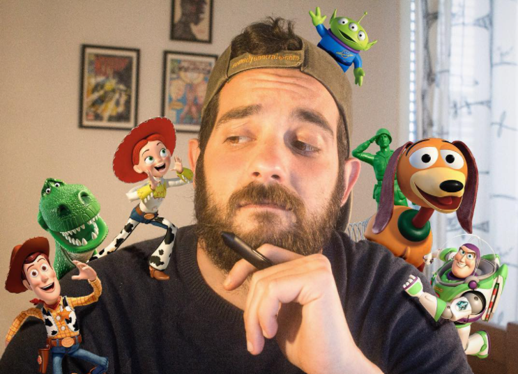 man holding a pen and looking at the photoshop versions of characters from toy story who are standing on his shoulders and head