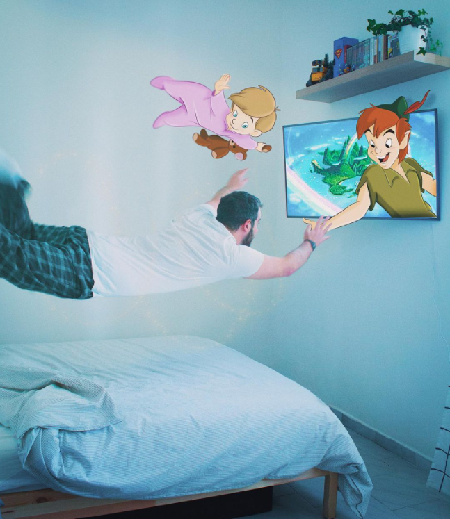 photoshop of a man flying horozontally above his bed as a photoshop version of peter pan grabs his hand to take him into a television