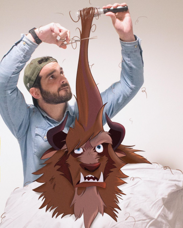 man cutting the hair of a photoshop version of beast from beauty and the best