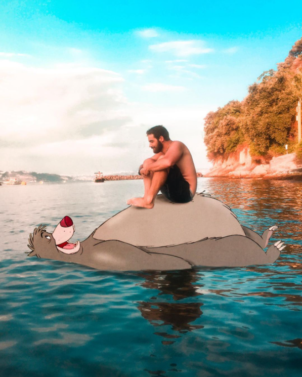 photoshop version of baloo from the bare necessities floating on his back in a river with a real person sitting on his stomach 