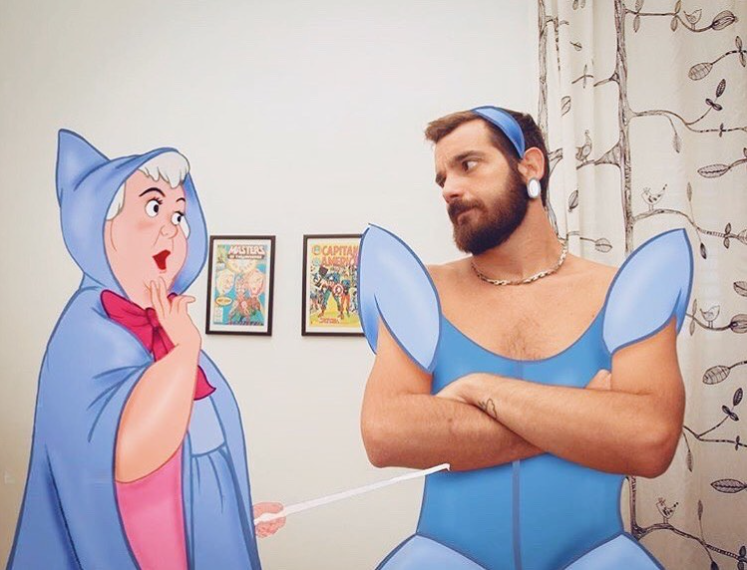 photoshop version of fiary god mother from cinderella with a man who is wearing a photoshopped cinderella dress