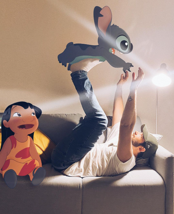 man laying on his back next to lilo from the movie stitch on a couch with his feet in the air and a photoshop version of stitch balancing on his feet