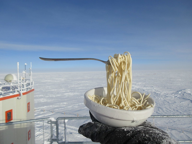 noodles frozen mid-air in Antarctica
