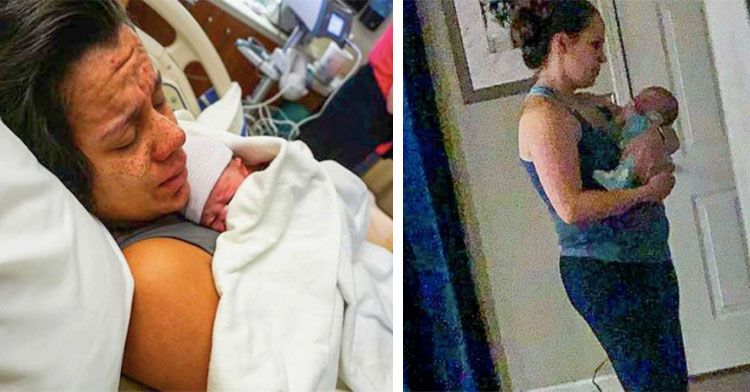 new mom holding baby in hospital next to friend holding baby in house