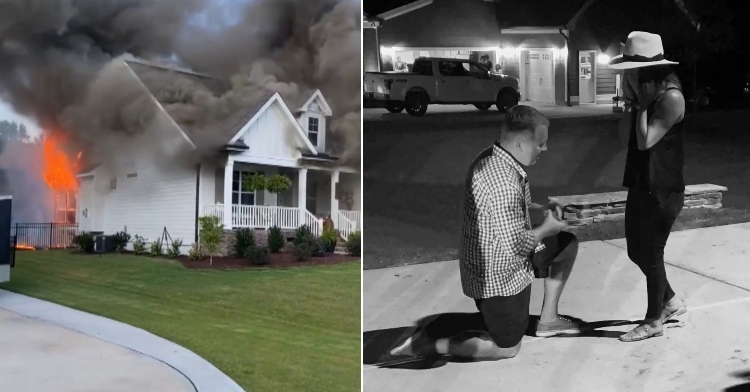 burning home next to man proposing to woman