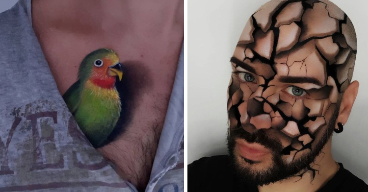 fake parrot created with makeup on a man's chest and a man with makeup that makes his face looked cracked