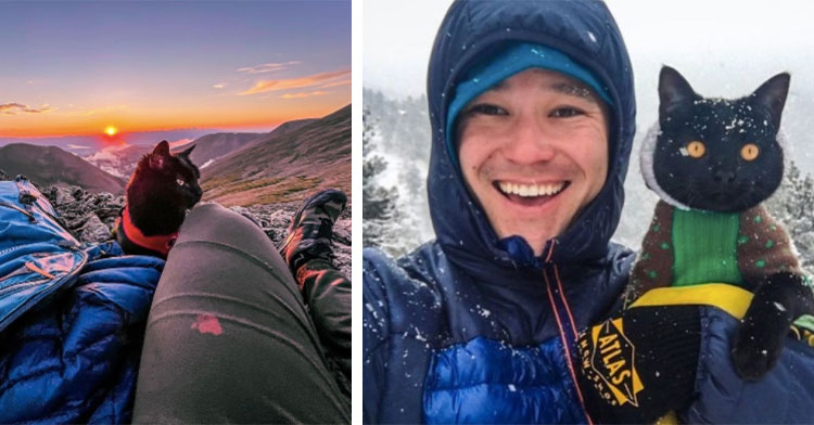 cat look at mountains during sunset and man holding cat in the snow