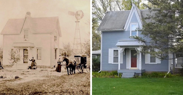 old family farm with a house in 1900 and that same house now updated in 2000