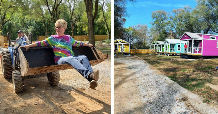 woman sitting in tractor bucket next to tiny home village