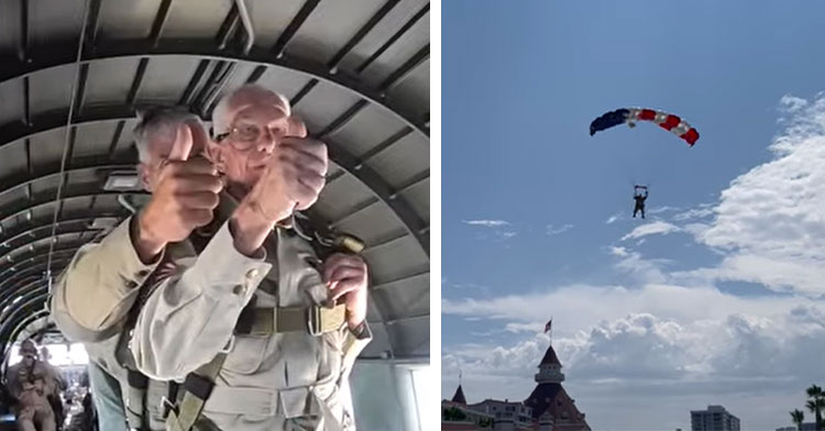 100 year old preparing to jump out of plane and 100-year-old in the air under parachute