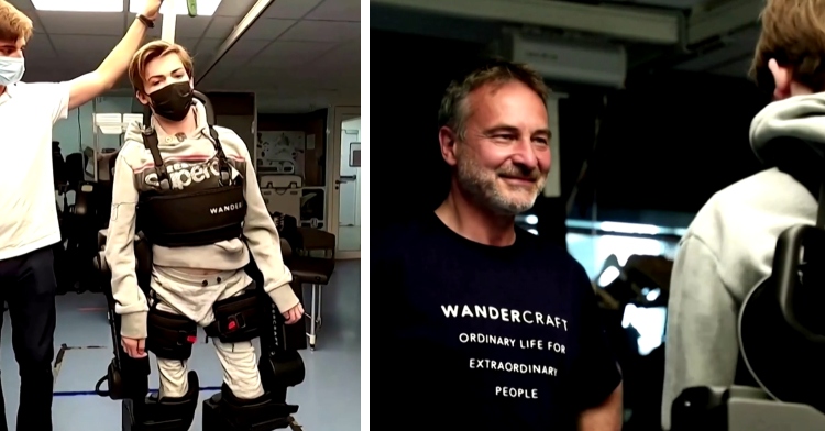 teen in exoskeleton next to dad smiling at teen in exoskeleton