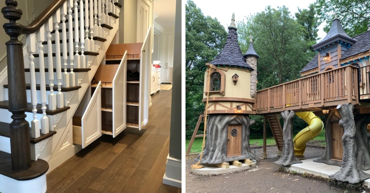 brown and white staircase with three hidden cabinets underneath and a rapunzel inspired children's wooden tower and cottage in a backyard