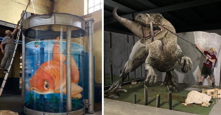 3d graffiti of a fish on a tank and 3d graffiti of a dinosaur
