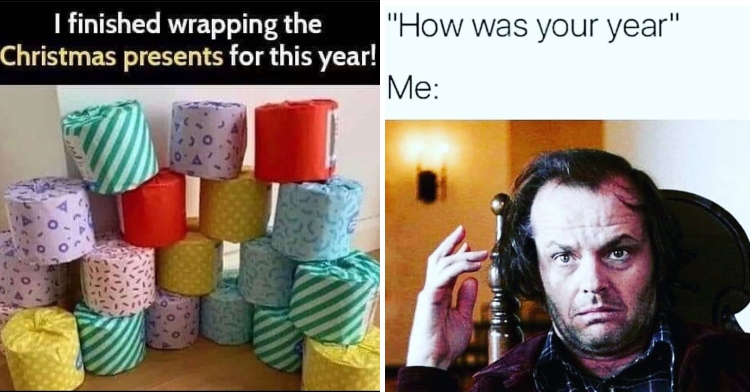 covid memes featuring gift wrapped toilet paper and Jack Nicholson from The Shining