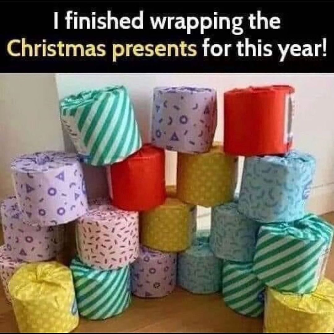 covid meme: wrapped toilet paper wrapped in gift wrap